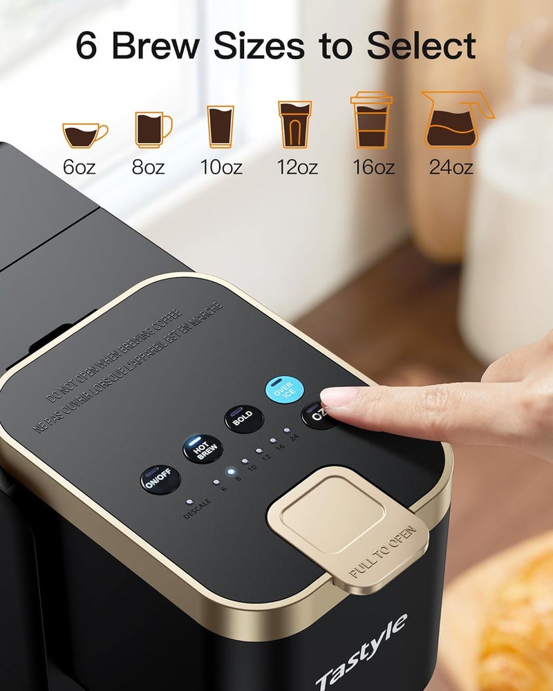 Tastyle Single Serve Hot & Iced Coffee Maker with Strong Brew, 40oz Removable Reservoir, 6 Brew Sizes, Compatible with K Cup and Grounds, Compact for Home, Office, RV, Black & Gold (2.0 Version) - Image 4